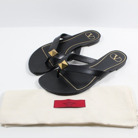 Valentino Garavani Shoes - Valentino Garavani Roman Stud Leather Thong Sandals - Black 37.5EU